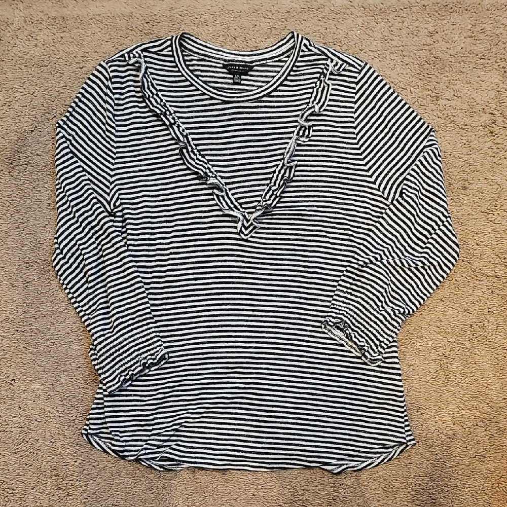 Lucky Brand Black and White Striped Knit Top With Ruffle Detail